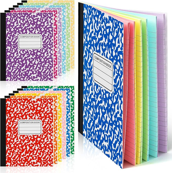 Henoyso 12 Pcs 120 Pages Colored Paper Notebooks 9.75" x 7.5" Bright Colors Lined Paper Notebook Wide Ruled Marble Notebooks Journals Bulk for Office School Supplies(Multicolor)