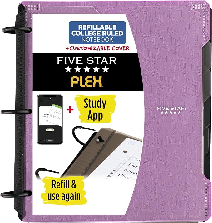 Five Star Flex Refillable Notebook+Study App, College Ruled Paper & 1" TechLock Ring Binder with Customizable Cover, Pocket, Tab & Divider, 200 Sheet Capacity, Amethyst Purple (293260AB6) (Pack of 6)