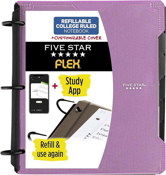 Five Star Flex Refillable Notebook+Study App, College Ruled Paper & 1" TechLock Ring Binder with Customizable Cover, Pocket, Tab & Divider, 200 Sheet Capacity, Amethyst Purple (293260AB6) (Pack of 6)