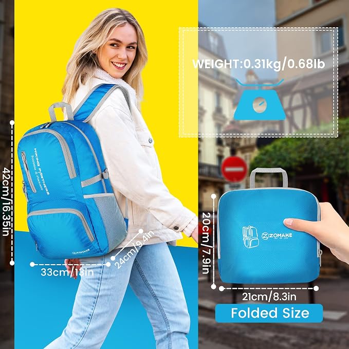 ZOMAKE Lightweight Packable Backpack, 35L Foldable Daypack (Light Blue) | Light Hiking Backpacks Water Resistant Collapsible Day Pack for Travel, Everyday Carry, Multi-Pocket Layout, Heavy Duty Nylon