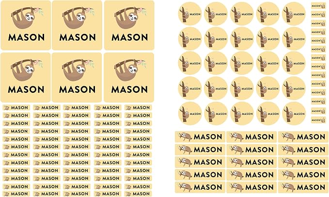 Andaz Press Custom Personalized Waterproof School Name Labels, Cute Sloth, 120-Pack, Kids Labels Combo Pack, Customizable Multi-Use Name Stickers for Preschool, Daycare, Supplies, Office, Camping