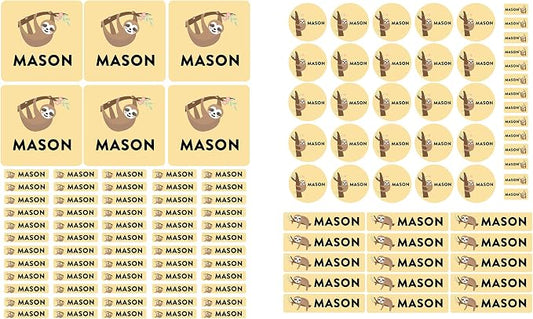 Andaz Press Custom Personalized Waterproof School Name Labels, Cute Sloth, 120-Pack, Kids Labels Combo Pack, Customizable Multi-Use Name Stickers for Preschool, Daycare, Supplies, Office, Camping