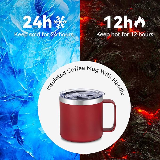 VEGOND 14 oz Insulated Coffee Mug Bulk with Handle, Stainless Steel Travel Coffee Mug with Lid, Double Wall Vacuum Metal Coffee Cup, Coffee Tumbler Powder Coated, Red 4 Pack