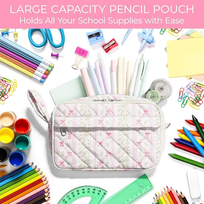 WOBAGMEN Quilted Pencil Pouch for Girls Women, Large Pencil Case Pouch with Compartments Cute Aesthetic Pencil Case Organizer, Floral Pencil Bag for School Supplies (Bow Floral Stripes)
