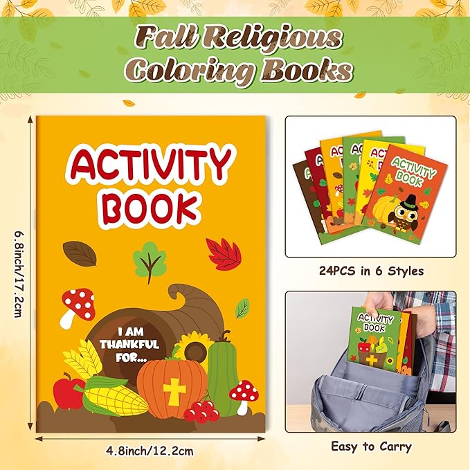 JAPBOR Fall Religious Coloring Books - 24PCS Mini Autumn Christian Activity Color Book Bulk for Kids Party Favors, Thanksgiving Bible Small Colour Pages for Sunday School Church Drawing Painting Games