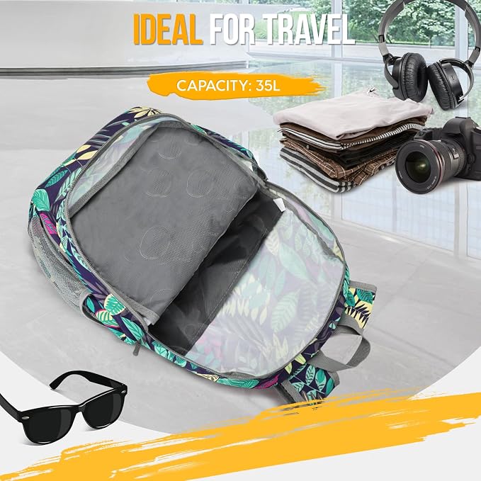 ZOMAKE Lightweight Packable Backpack 35L, Water Resistant Foldable Day Pack | Collapsible Hiking Backpacks, Compact Folding Daypack for Travel Camping, Everyday Carry, Multi-Pocket Layout(Leaf Print)