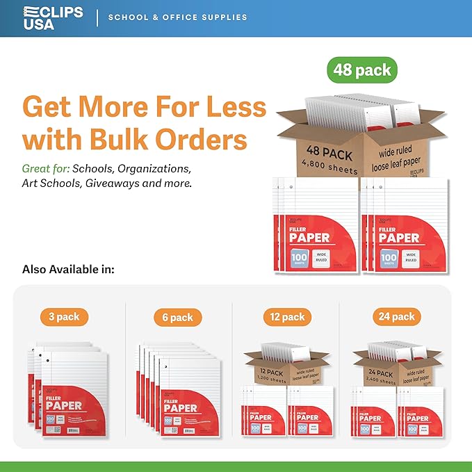 Wide Ruled Loose Leaf Paper Wide Ruled Notebook Paper Lined Writing Filler Paper 10.5” x 8” 56 gsm 4800 Sheets 100 Sheet Per Pack (48 Pack)