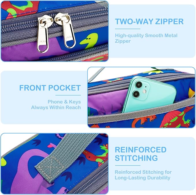 FlowFly Kids Lunch box Insulated Soft Bag Mini Cooler Back to School Thermal Meal Tote Kit for Girls, Boys, Dinosaur