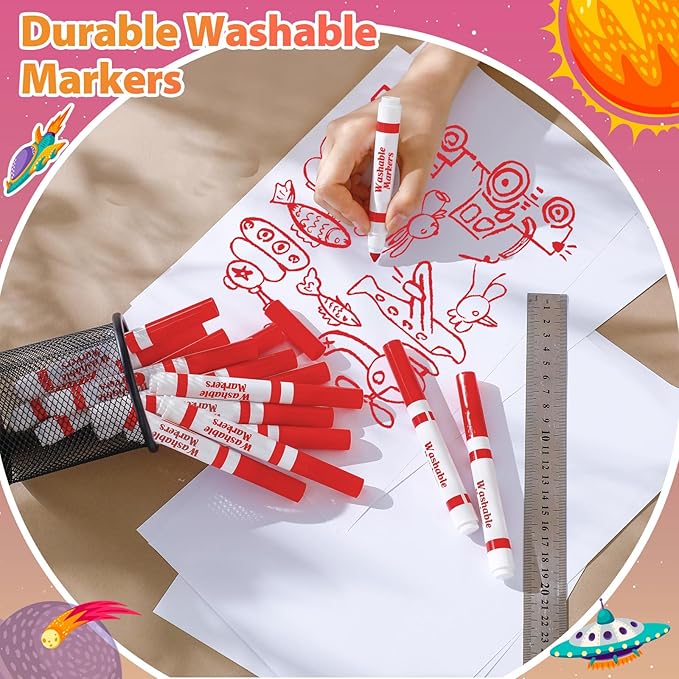 24 Pcs Washable Markers Bulk Broad Line Markers Coloring Conical Tip Large pens for art projects, Teachers, Party Favors, Donations(Red)
