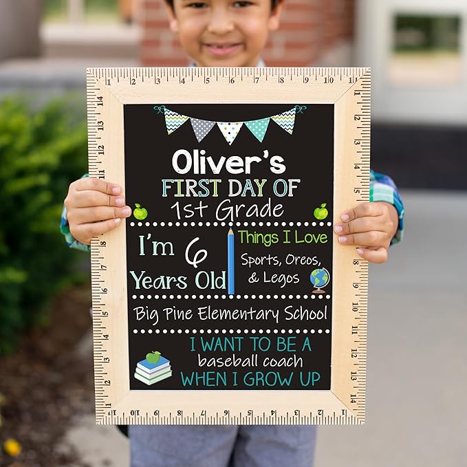 Bloom Owl First Day of School Chalkboard Sign - 11.5"x15" Reusable Back to School Photo Prop with Wooden Ruler Frame for Preschool, Kindergarten, and Beyond