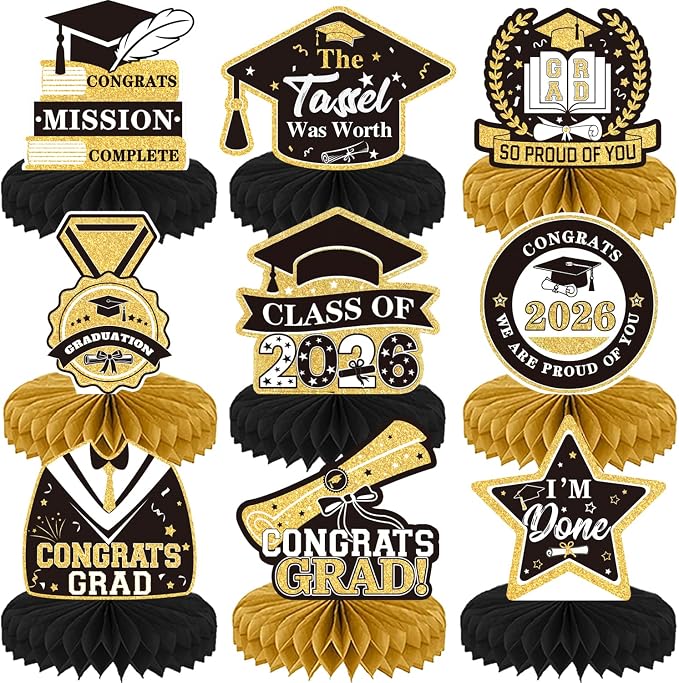9Pcs Graduation Centerpieces for Tables 2026 - Graduation Table Decorations Black and Gold Honeycomb Centerpiece Class of 2026 Congratulate Table Toppers Congrats Grad Party Supplies