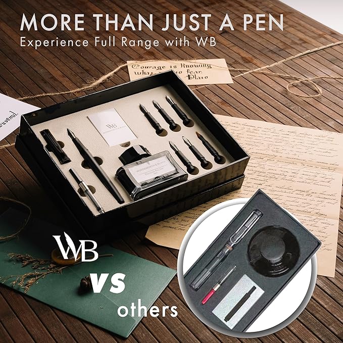 Wordsworth & Black Calligraphy Pen Gift Set, Includes Ink Bottle, 6 Ink Cartridges, A Refill Converter, 6 Replacement Nibs, Journaling, Smooth Writing Pens [All Black]