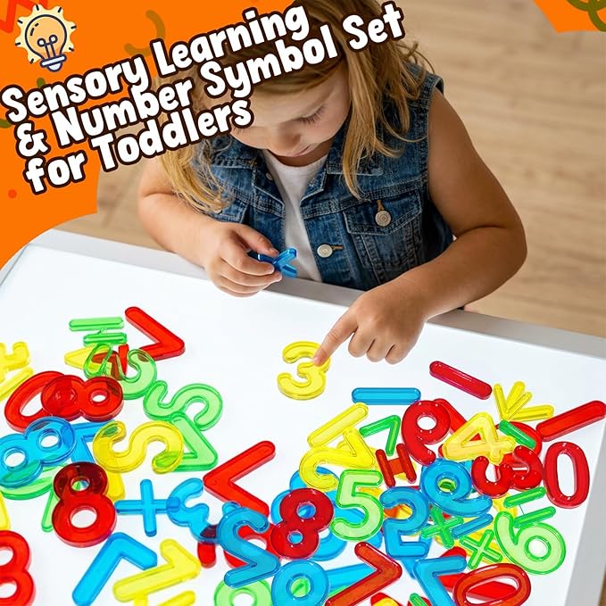 Bbiamsleep 45 Pcs Plastic Numbers and Symbols, Colorful Transparent Numbers Light Table Manipulatives for Sorting Counting Training Spelling