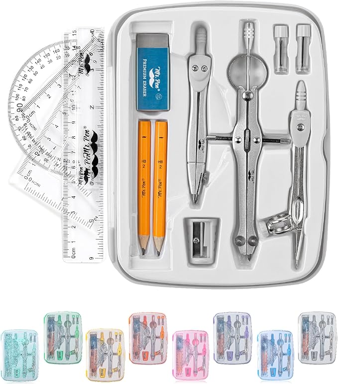 Mr. Pen- Geometry Set, 13 pcs, 3 Metal Compasses, Protractor, 6" Ruler, 45° & 30°/60° Set Squares, Pencils, Lead Refills, Sharpener & Eraser for Math, Drafting & Classroom Use