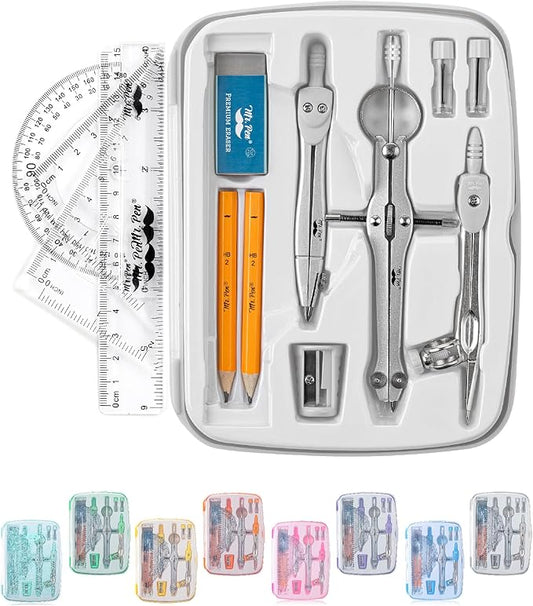 Mr. Pen- Geometry Set, 13 pcs, 3 Metal Compasses, Protractor, 6" Ruler, 45° & 30°/60° Set Squares, Pencils, Lead Refills, Sharpener & Eraser for Math, Drafting & Classroom Use