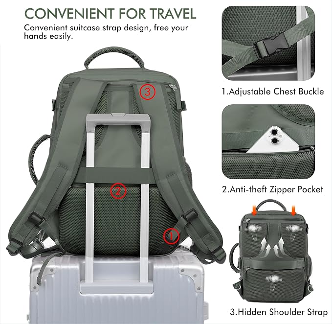 Beraliy Travel Backpack for Men Women,TSA Carry On Backpack Flight Approved | 16 Inch Laptop Waterproof Hiking Backpack, Casual Outdoor Daypack Bag for College Weenkender Business, Olive-green