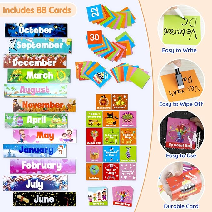 Classroom Calendar Pocket Chart with 88 Cards - Ideal for Homeschool, Classroom & Office, Durable Nylon Wall Hanging Calendar for Early Learning (Black)