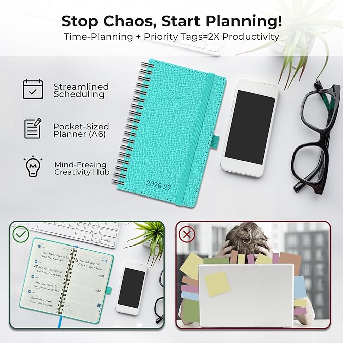 Planner 2026-2027 Daily Weekly and Monthly,6.5"x3.75",18 Months Spiral Bound Calendar Agenda with Self-adhesive Pen Holder,2026 Academic Plan with Vegan Leather Soft Cover,Light Blue