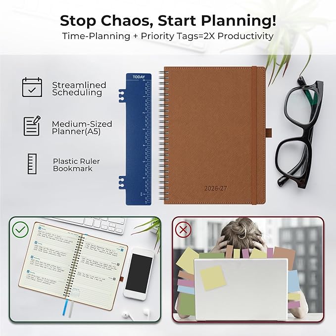 Planner 2026-2027 Daily Weekly and Monthly,8.5"x6.5",18 Months Spiral Bound Calendar Agenda with Self-adhesive Pen Holder,2026 Academic Plan with Vegan Leather Soft Cover,Brown