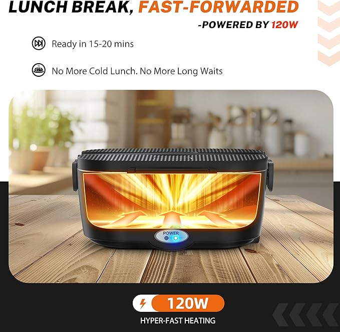 Heated Lunch Box,120W Electric Lunch Box for Adults with 1.5L 304 Stainless Steel Container, 12V/24V/110V Lonchera Eléctrica Portátil for Travel,Work,Car,Truck (Pure Black, 1.5L x 4)