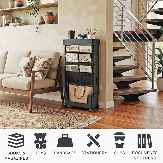 5-Tier Mobile Bookshelf, Rolling Bookcase Book Storage Rack, Movable File Folder Organizer Cart with Wheels for Home Study Office Living Room Classroom, Black