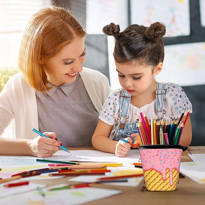 Ice Cream Kids Standing Pencil Case Girls Boys Telescopic Stationary Pouch with Zipper Large Capacity Stand up Pen Bag Portable Makeup Holder for Children School Students Office Supplies
