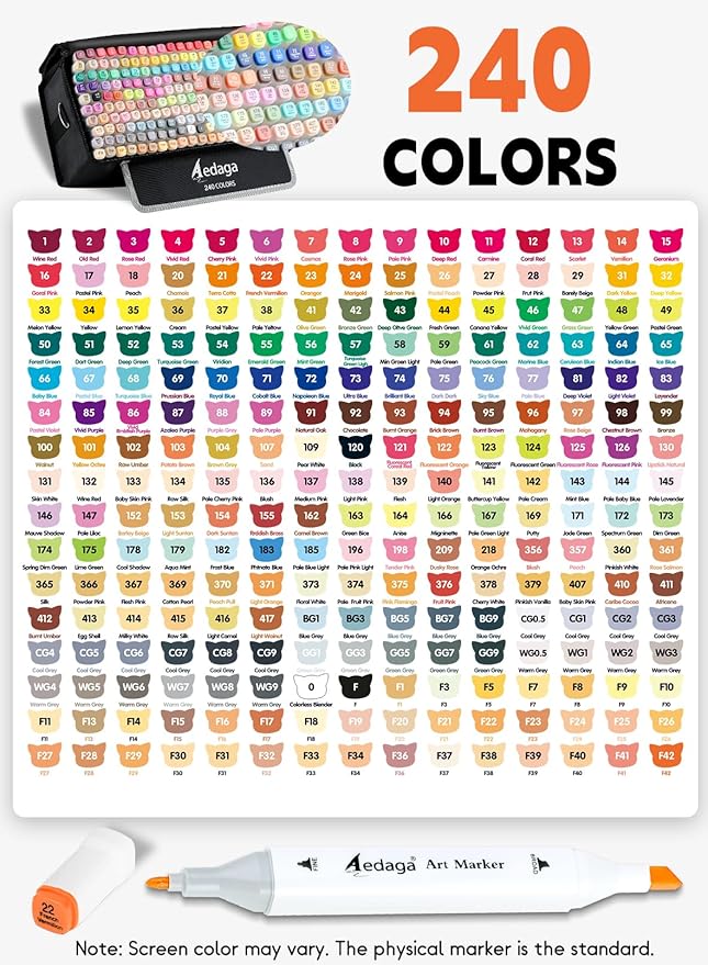 YHC 240 Colors Alcohol Markers with Free APP, Alcohol-Based Dual Chisel and Fine Tips Markers with Kickstand Case for Adult Coloring, Drawing, Painting and Sketching, Great Gift Idea for Artists