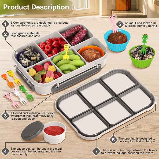Amathley Lunch Box Kids Girls Boys,Bento Box Adult,Toddler Lunch Containers for School,Leakproof Snack Containers with 6 Compartments,Sauce Container,10 Food Picks and 4 Muffin Cups (White)