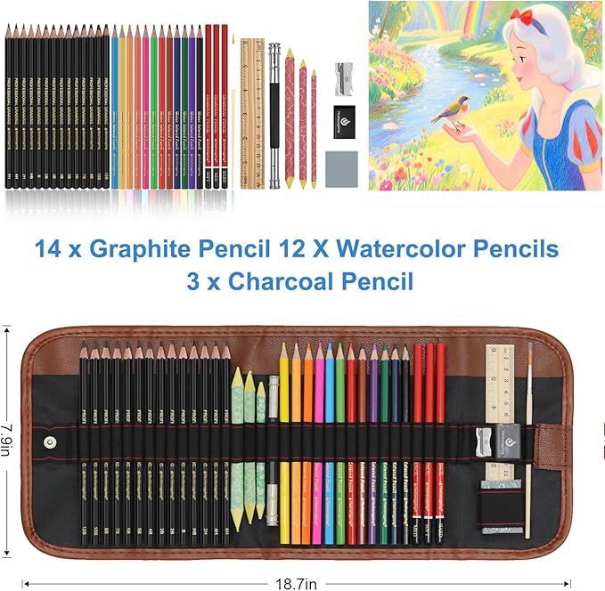 Heshengping, Sketching Pencil Set Drawing Pen Charcoal Sketch Kit Cover Graphite Charcoal Watercolor Pencils Paper Erasable Pen Beginners Artist Children and Adults(39pcs Art Supplies)