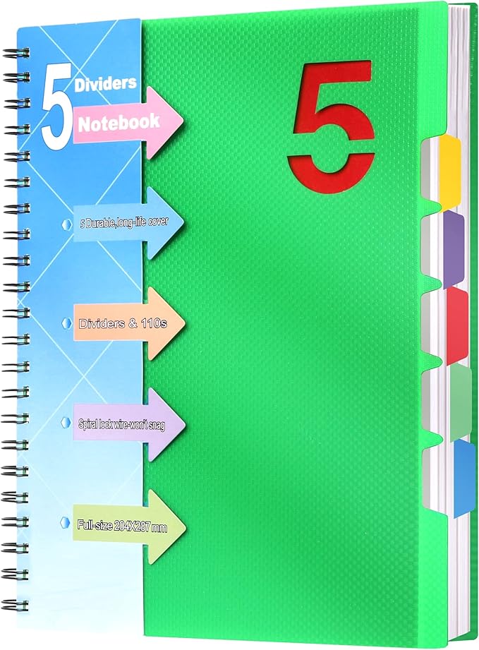 CAGIE Spiral Notebook 8.5 x 11 with Dividers 5 Subject Notebook with Tabs Wide Ruled A4 Spiral Bound Journal for Note Taking Work School Supplies, 220 Pages, Green