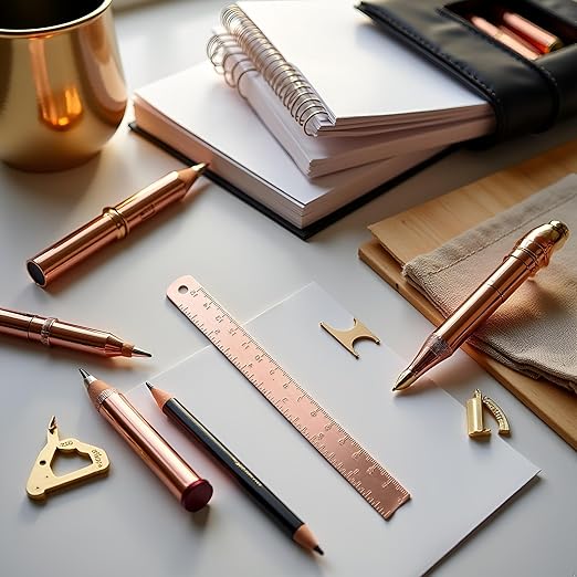 Rose Gold Metal Ruler - Brass Multi-Functional Drafting Tool for Math and Geometry | Precision Measuring Ruler with Bookmark Design,Drafting Kits, Office Stationery Gift