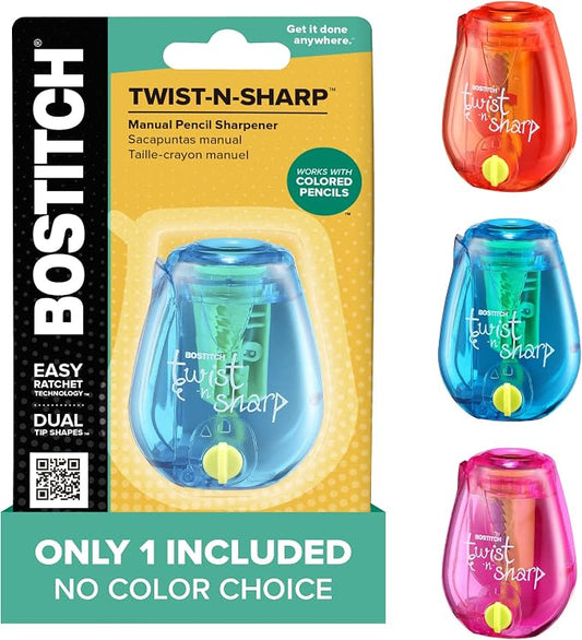 Bostitch Office Pencil Sharpener, Manual, One Assorted Color, Twist-n-Sharp, Kids, Boys, Girls, Colored Pencils, 1 Pack | 1 Assorted Color, Adjustable for fine point or blunt tip. Easy to use, twist instead of crank. Works on any standard pencil.