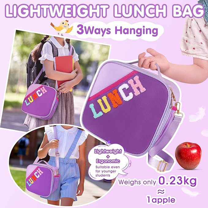 Nsrzua Lunch Bag Kids,Insulated Lunch Bag With Adjustable Shoulder Strap,Reusable Lunch Bag for Kids, Girls,Boys, lunch Bag Women,Preppy Lunch Box for School,Travel, Picnic (dark purple)