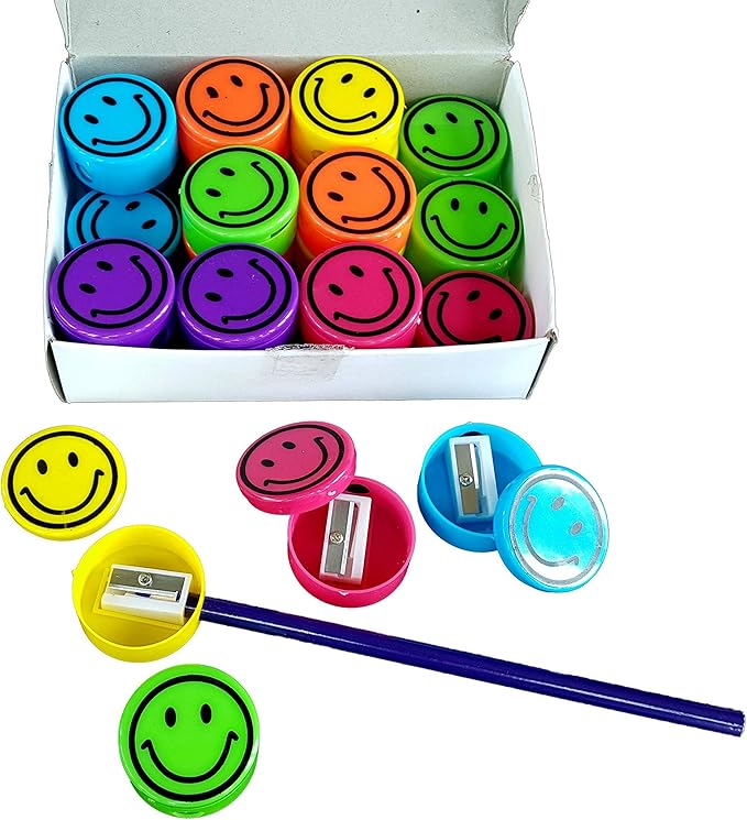 Pencil Sharpeners for Kids with Removable Neon Colored Lids (48 Pack - Smile FACE)