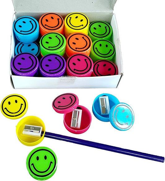 Pencil Sharpeners for Kids with Removable Neon Colored Lids (48 Pack - Smile FACE)