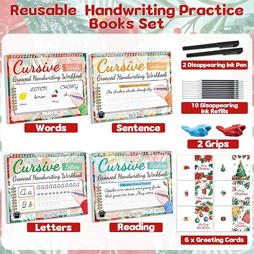 gisgfim 4 Pack Christmas Grooved Cursive Handwriting Practice with Greeting Card Disappearing Ink Pens Magic Reusable Grooved Cursive Writing Workbooks for Beginners Words Sentence Reading Letters