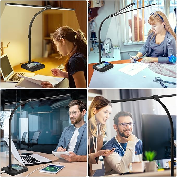 ShineTech LED Desk Lamp for Home Office, 24W Double Head Desk Light with Wireless Charging, USB Port, 25 Lighting Modes Adjustable Lamps