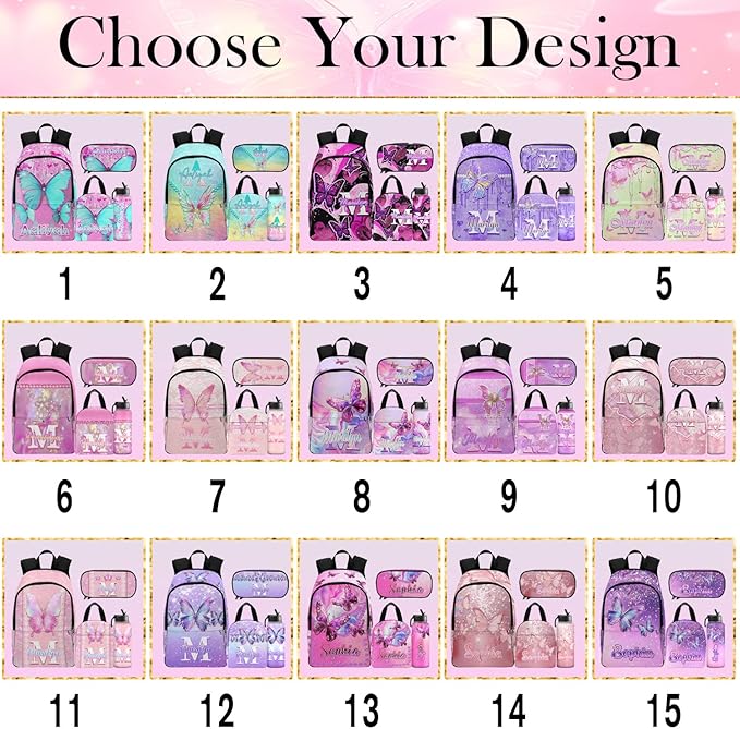 M YESCUSTOM Personalized Girls Backpack Lunch Bag with Name, Butterfly Custom School Backpacks for Kids Teen Waterproof Bookbag Backpacks Set Pencil Pouch