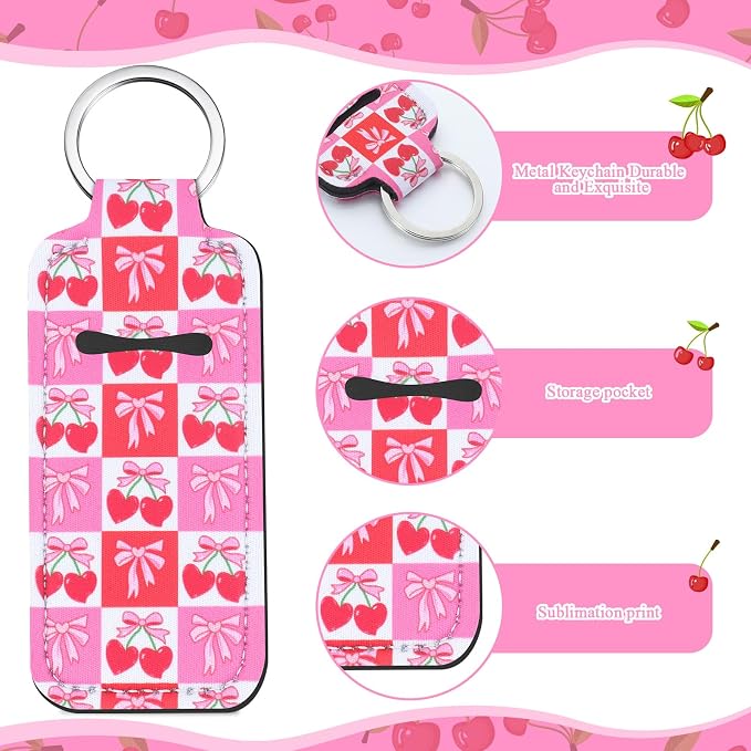 12 Pcs Pink Bow Cherry Lipstick Holder Keychain Bulk Cute Pocket Lip Balm Holder Keychain Backpack Purse Accessories for Women Lip Gloss Sleeve Pouch, 6 Style