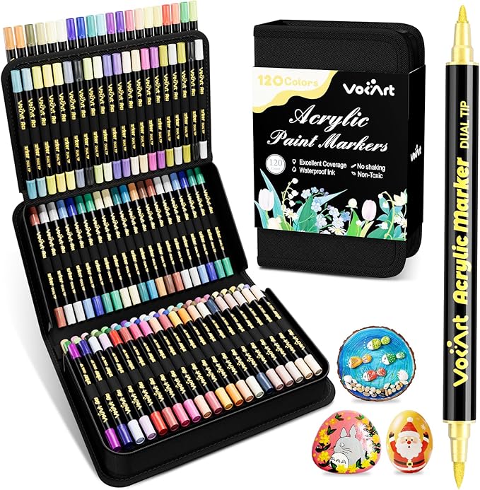 VOKART 120 Colors Acrylic Paint Markers - Dual Tip Brush & Fine Fabric Paint Pens for Rock, Canvas, Ceramic, Wood, Glass, Textile, Paper - DIY Art Supplies for Artists, Adults, Holiday Decorations