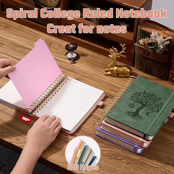 Ovesmusl Hardcover Spiral Notebook 6.1" x 8.4" with 5 Removable Dividers 300 Pages Leather 5 Subject Notebook College Ruled 100GSM Large Spiral Notebooks for Work Thick Lined Journal for Women, Pink