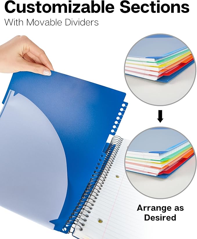 Dunwell 5-Subject Spiral Notebook, College Ruled (Blue), Colorful Movable Pocket Dividers with Tabs, Front/Back Plastic Covers, 200 Sheets (400 Pages) of 3-Hole Punch Perforated 8.5x11 Paper