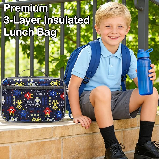 FlowFly Kids Lunch box Insulated Soft Bag Mini Cooler Back to School Thermal Meal Tote Kit for Girls, Boys, Robot