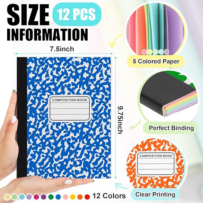 Henoyso 12 Pcs 120 Pages Colored Paper Notebooks 9.75" x 7.5" Bright Colors Lined Paper Notebook Wide Ruled Marble Notebooks Journals Bulk for Office School Supplies(Multicolor)