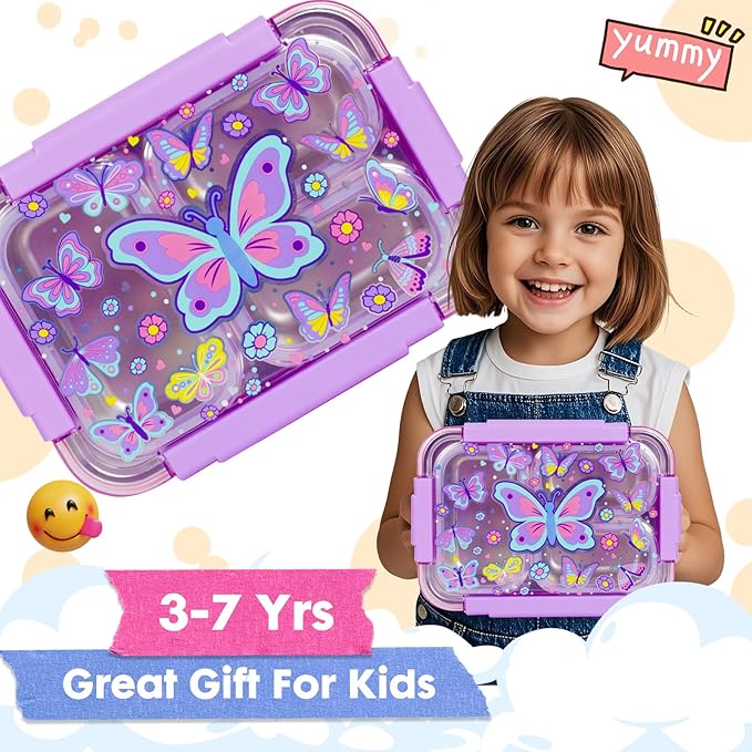 Stainless Steel Bento Lunch Box for Kids, 710ml/23.5oz BPA-Free Leak-Proof Food Containers with 3 Compartments, Back to School Students Daycare Lunches Snack Container Size for Ages 3-7