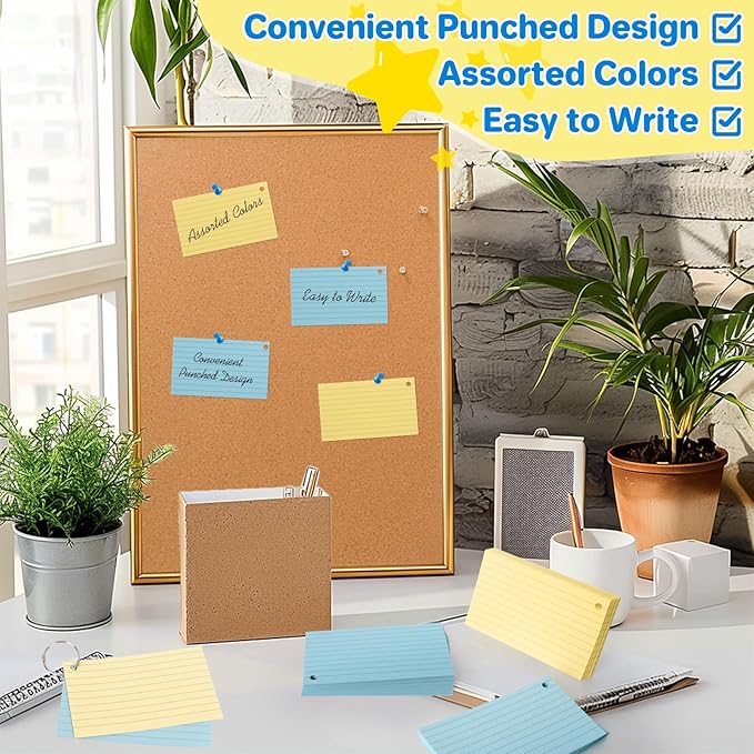 MAQIHAN Index Cards with Rings - 100PCS Colored Index Cards, 3x5 Inch Flash Cards for Studying, Prepunched Lined Notecards, Flashcards for College, Office, Home, Memory, To Do List, Study Supplies