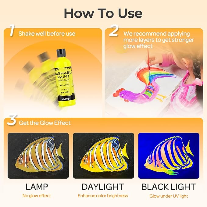 Nicpro 6 Colors Fluorescent Washable Paint Set for Kid (4 oz, 120ml), Glow in the Black Light, Non Toxic Neon Tempera Paints for Art, Craft DIY, Poster & Finger Paint, School, Home, Classroom, Party