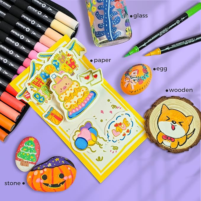 Artecho Acrylic Paint Markers 120 Colors with Bag, Acrylic Paint Pens with Brush Tip and Fine Tip for Stone, Rock Painting, Paper, Pumpkin, Wood, Egg, Canvas, Ceramic, Fabric, leather, Glass