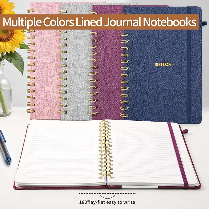 A5 Spiral Notebook – Hardcover Journal 160 Lined Pages 100 GSM Thick Paper With Elastic Band & Pen Holder College Ruled Writing Notebooks for Work School Travel Pink
