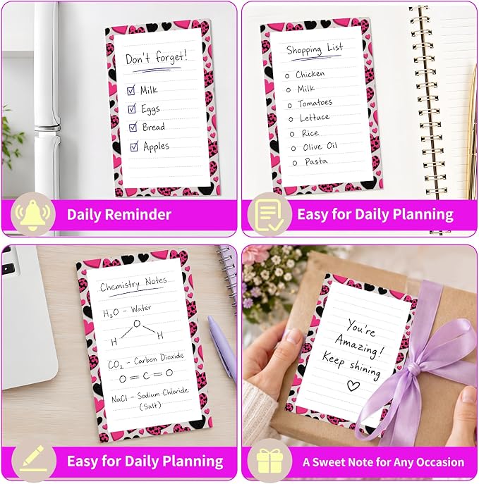 Lined Sticky Notes 4x6 in, 2 Pack Large Cute Notepads with Lines Self-Stick Note Pad, Funny Memo Pads Strong Adhesive for Office, Home Funny Leopard Heart